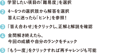 (1)学習したい項目の「難易度」を選択 (2)4〜6つの選択肢から解答を選択 答えに迷ったら「ヒント」を参照! (3)「答え合わせ」をクリックし、正解と解説を確認 (3)全問解き終えたら、今回の成績や自分のランクをチェック (4)「もう一度」をクリックすれば再チャレンジも可能
